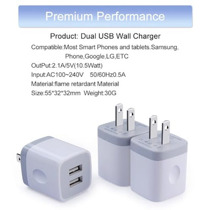 USB Wall Charger,Charging Adapter 2.1A Dual Port Charging Block Plug Head - color: Pure White