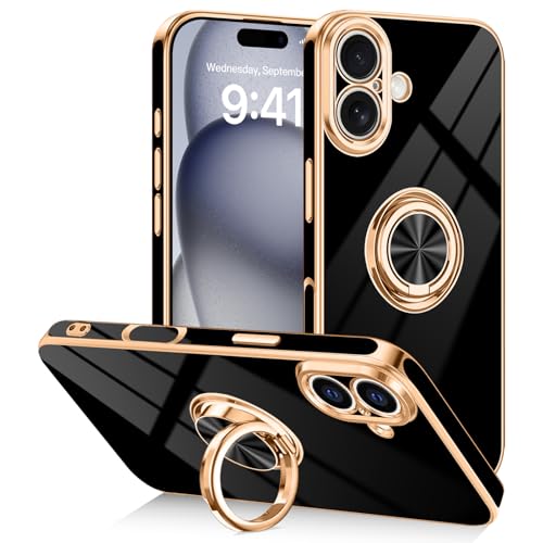 Designed for iPhone 17 Case with Ring Stand Slim Black | 360° Rotatable Finger Holder, Support Magnetic Car Mount, Soft TPU Electroplated, Full Lens Protection, Shockproof Phone Case - color: Black, size: 6.3'' iPhone 17
