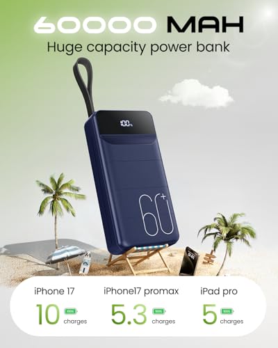 Portable Charger 60000mAh Power Bank 22.5W Fast Charging USB C Battery Pack - color: Blue