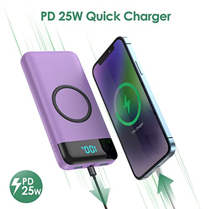 Wireless Portable Charger 30,800mAh,15W Wireless Charging USB C Power Bank,25W PD QC 4.0 Fast Charging 4 Outputs Travel Essentials Battery Pack Compatible with iPhone 17/16/15/14,Galaxy,Android-Purple - color: Purple