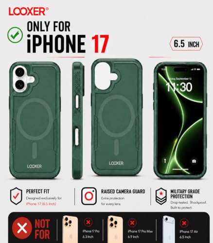 LOOXER® Heavy Duty Rugged Magnetic Case for iPhone 17 (6.3”) | Military Grade Shockproof Protection,MagSafe Compatible+ Tempered Glass Included (Green, 17) - color: Green, size: 17