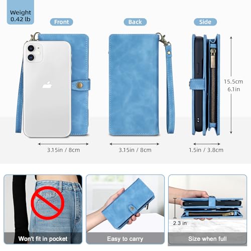 TwoHead for iPhone 11 Wallet case with 11 Card Holder (Sky Blue) | Detachable Magnetic Phone Case, PU Leather Wallet for Women/Men,Wireless Charging Compatible,with Wrist Strap - color: Sky Blue