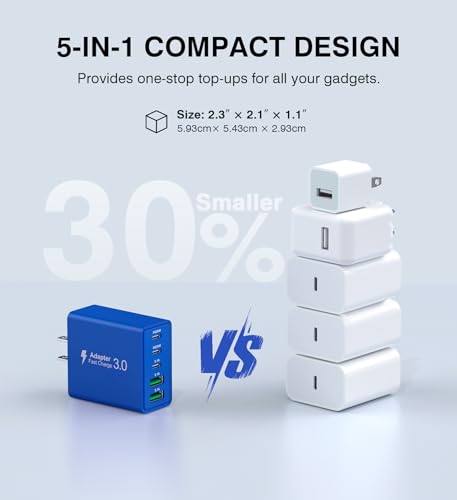 60W USB C Fast Charger Cube,2 Pack PD+QC Charging Block Power Adapter 5 Port Wall Mount Plug for iPhone 17 16 15 14 13, Motorola, LG, Google Pixel 6a/6 Pro/6/5a/5/4/4A Box Brick (Dark Blue) - color: Dark Blue