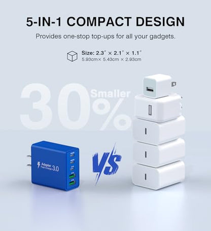 60W USB C Fast Charger Cube,2 Pack PD+QC Charging Block Power Adapter 5 Port Wall Mount Plug for iPhone 17 16 15 14 13, Motorola, LG, Google Pixel 6a/6 Pro/6/5a/5/4/4A Box Brick (Dark Blue) - color: Dark Blue
