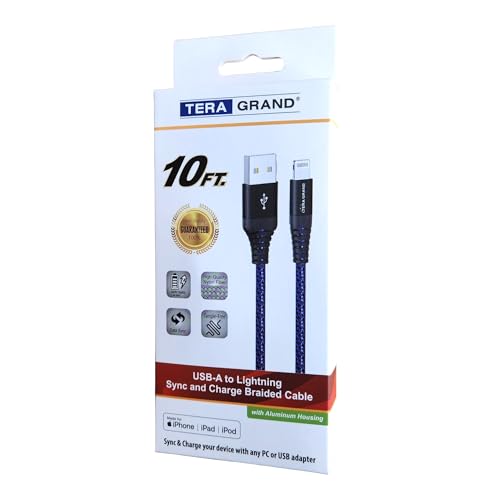Tera Grand - Apple C89 MFi Certified Lightning to USB-A Braided Cable for iPhone 14/13/12/11 Pro Pro Max Plus Mini, SE XS Max XR X, 8/7/6 Plus, iPad, AirPods, 10 Ft Black/Blue - color: Black/Blue, size: 10 ft