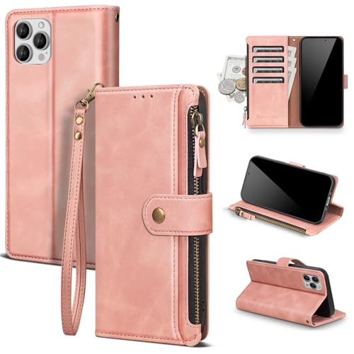 Compatible with iPhone 13 Pro Wallet Case with Card Holder RFID Blocking Zipper Poket PU Leather Flip Case with Wrist Strap Credit Card Slots Men Women,for Apple 13 Pro 6.1",Rose Pink - color: Rose Pink, size: iPhone 13 Pro - 6.1