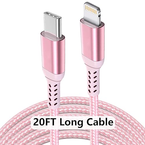 Awnuwuy 20FT Long iPhone USB-C to Lightning Cable [Apple MFi Certified] 20W 3A (max) USB C Power Delivery Fast Charge for iPhone 14 13 12 11 10 Max X XS XR 9 8, AirPods, iPad, Charging Cord Pink/Rose - size: 20FT