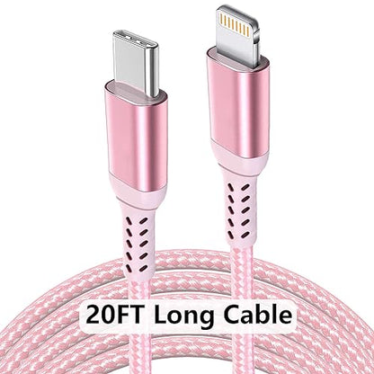 Awnuwuy 20FT Long iPhone USB-C to Lightning Cable [Apple MFi Certified] 20W 3A (max) USB C Power Delivery Fast Charge for iPhone 14 13 12 11 10 Max X XS XR 9 8, AirPods, iPad, Charging Cord Pink/Rose - size: 20FT
