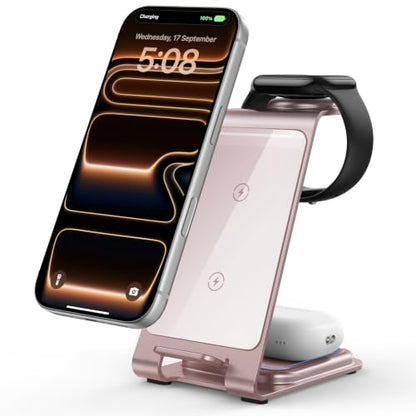 Intoval Aluminum 3 in 1 Wireless Charging Station for iPhone 17 16 15 14 13 12 11 Pro Max XR, Wireless Charger for Apple Watch 11 10 9 8 7 Ultra SE 3 2, Phone Charger for AirPods 4 Pro 2 3 (Pink) - color: Pink