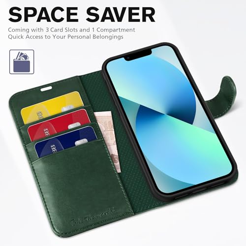 TUCCH Wallet Case for iPhone 13 (6.1") 2021, Flip Stand, Midnight Green | RFID Blocking, 3 Card Holders, Kickstand, PU Leather, Shockproof TPU Shell, Magnetic Closure, Protective Folio Cover - color: Dark Green