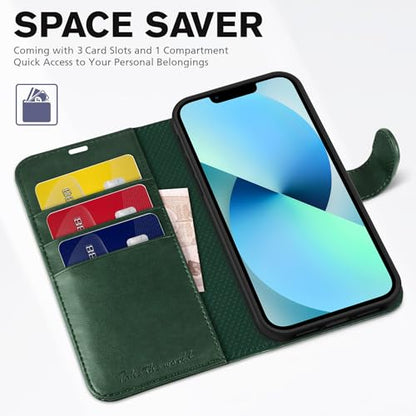 TUCCH Wallet Case for iPhone 13 (6.1") 2021, Flip Stand, Midnight Green | RFID Blocking, 3 Card Holders, Kickstand, PU Leather, Shockproof TPU Shell, Magnetic Closure, Protective Folio Cover - color: Dark Green