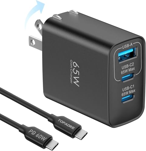 TOPADRE 65W USB C Charger Block,PD PPS 3 Ports GaN Charger Foldable Compact - color: Black, size: 65W, style: 1-pack
