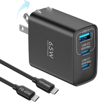TOPADRE 65W USB C Charger Block,PD PPS 3 Ports GaN Charger Foldable Compact - color: Black, size: 65W, style: 1-pack