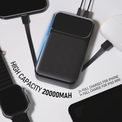 Portable Charger with Built-in Wall Plug and Cables, 22.5W Fast Charging Power Bank, USB-C and Lightning Cables, 4-Device Travel Battery Pack for iPhone, Samsung and iPad - color: Black