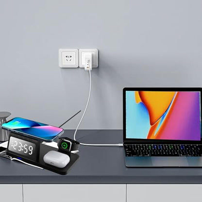 Sanpyl 3 in 1 Wireless Charging Station for Multiple Devices, 15W Fast Charging Station for Phone Watch Earbuds, with Alarm Clock, 19x10x6mm