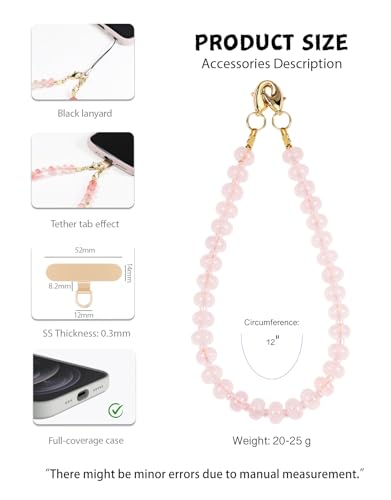 CH.yishi Beaded Phone Charm Wrist Strap with Tether Tab,Camera Lanyard - color: Rose Quartz