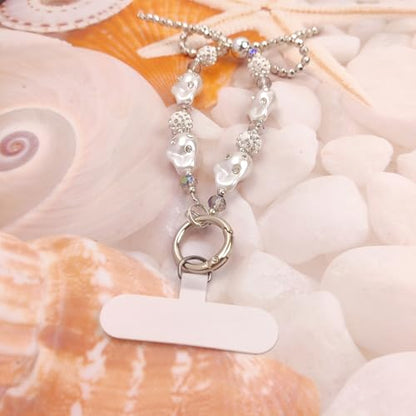 Cute Phone Wrist Strap Chic Beaded Cellphone Lanyard Phone Charm Grip Strap - color: Silver Pearls