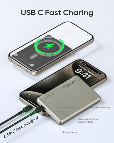Kuulaa 10000mAh Magsafe Battery Pack 0.47IN Ultra Slim Magnetic Portable Charger Wireless Magsafe Power Bank Compatible with iPhone 16/15/14/13/12 Series
