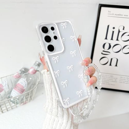 NITITOP Compatible with Samsung Galaxy S25 Ultra Case Clear Ribbon Bow Knot Pattern for Girls Women Bowknot Durable with Chain Wrist Strap Soft TPU Shockproof Protective Phone Cover - White2 - color: White, size: Samsung Galaxy S25 Ultra