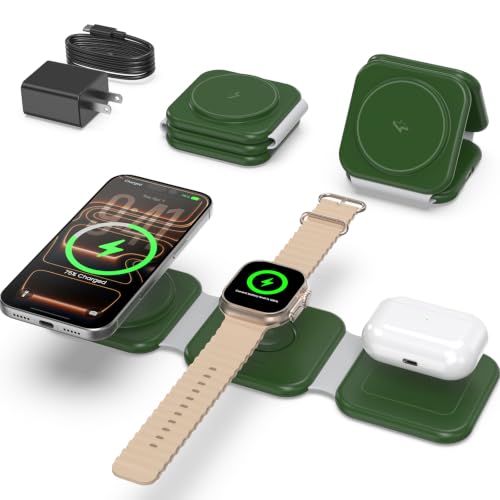 15W Magnetic Travel Charging Station, 3-in-1 Foldable MagSafe Charger - color: Forest Green