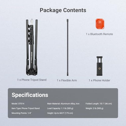NEEWER BASICS Phone Tripod Stand with Flexible Arm & Reversible Legs, Aluminum Office Table Bedside Smartphone Clip Clamp Holder Mount Compatible with iPhone Samsung Android for Video Recording, ST014