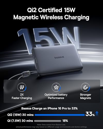 Baseus Picogo Qi2 15W Magsafe Portable Charger, 0.5" Ultra Slim 10000mAh Wireless Power Bank with 27W Built-in USB-C Cable, Magnetic Battery Pack for iPhone 17 Pro Max/17 Pro/Air/16/15/14/13/12 | 10000mAh Wireless Power Bank, 27W Fast Charging Magnetic Ba