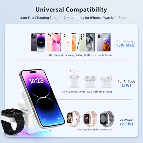 15W Wireless Charger 3-in-1 Apple Charging Station with Night Light - color: White