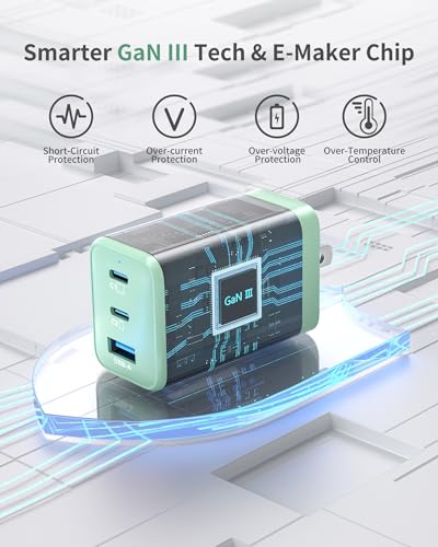65W GaN Fast Charger Block,3-Port USB C Wall Charger,Compact Foldable Design, Compatible with iPhone 16/15 Series,Galaxy S25/S24 Ultra(Green) - color: 7Green Orca
