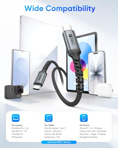 SUNGUY 240W C to C Cable Fast Charging, [2-Pack, 0.5FT] USBC to USBC Cable - size: 0.5ft