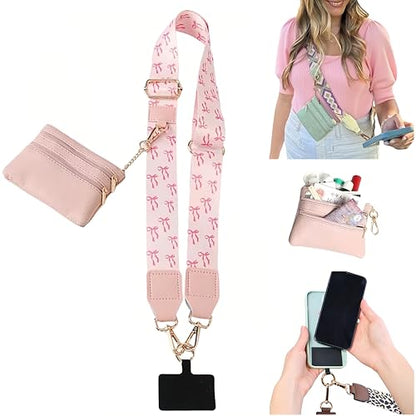 Crossbody Body Phone Holder for Women, New Phone Strap with Zippered Pouch, Adjustable Crossbody Strap - color: Pink Bow