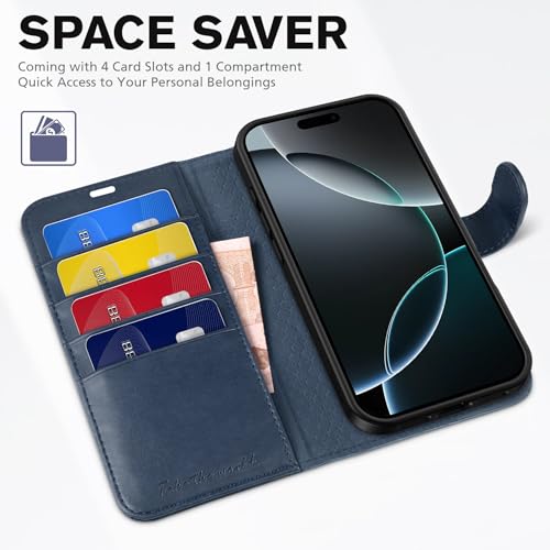 TUCCH Case Wallet for iPhone 16 Pro Max, RFID Blocking Folio, Dark Blue | 4 Card Holders, Kickstand, PU Leather, Magnetic Closure, Shockproof TPU Shell, Protective Flip Cover - color: Dark Blue