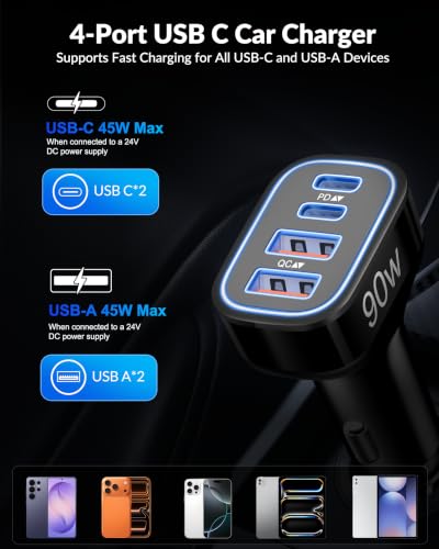 90W 4-Port USB C Super Fast Car Charger for Samsung Galaxy S26/S25/S24/S23 - color: Black
