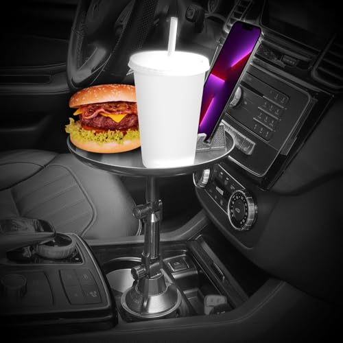 Cellet Cup Holder Tray for Car with Phone Mount – Expandable Base, 360° Rotation Food & Drink Tray with Non-Slip Surface, Adjustable Arm for Eating in Vehicle – Fits Most Standard Car Cup Holders - style: Food Tray