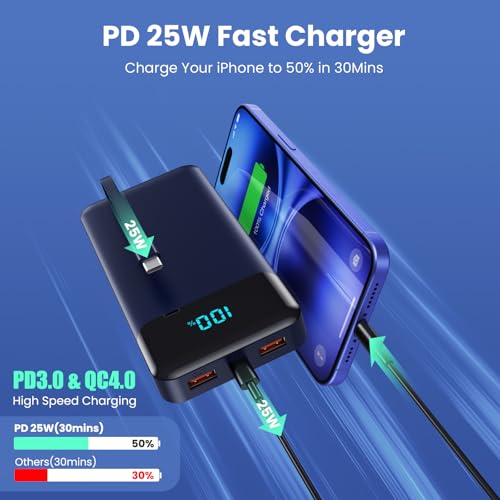 Portable Charger 40800mAh Power Bank,Built-in Cables,25W Fast Charging - color: Blue