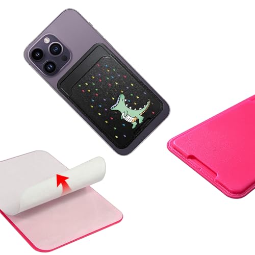 Unov Adhesive Phone Card Holder With Dino Rainbow Dinosaur Dragon Design Stick-on Wallet ID Credit Card Pouch Sleeve Pocket for Pixel iPhone Motolora Galaxy iPad Tablet All Cell Phone Black - color: Rainbow Dinosaur