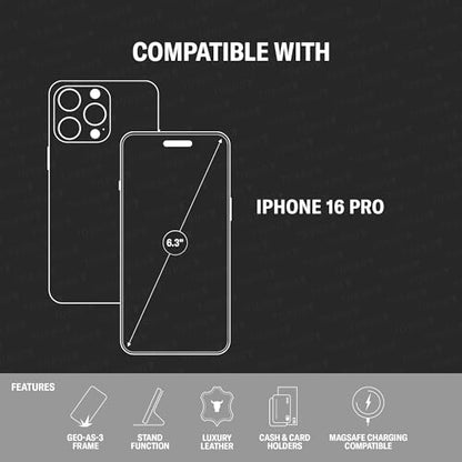 TORRO Premium Leather Case Compatible with iPhone 16 Pro 6.3" – Genuine Leather Wallet Flip Folio Case with Kickstand and Card Slots (Compatible with Official MagSafe Chargers) - Black - color: Black with Red Detail