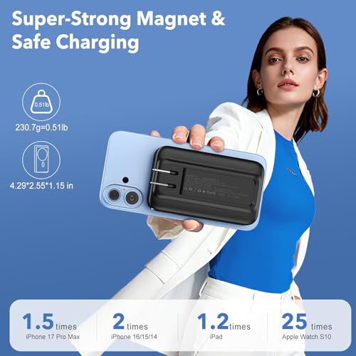 Magnetic Portable Charger 10000mAh for iPhone with Built-in Cables and Wall Plug,Wireless Power Bank with iWatch Charger,LCD Display 22.5W Fast Charging Battery Pack for iPhone 17/16/15/14/13 (Black) - color: Black