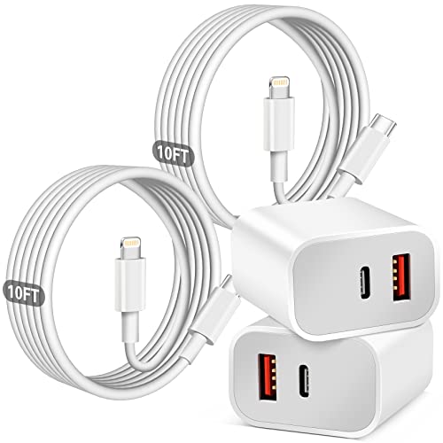 Fast Charger iPhone,Dual Port A/C iPhone Charger Fast Charging Block,2Pack Super Quick Double Apple iPhone Wall Charger Power Adapter 10FT USB C to Lightning Cable for iPhone 14/13/12/11/ProMax/XS/XR - size: 10FT