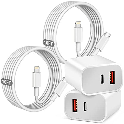 Fast Charger iPhone,Dual Port A/C iPhone Charger Fast Charging Block,2Pack Super Quick Double Apple iPhone Wall Charger Power Adapter 10FT USB C to Lightning Cable for iPhone 14/13/12/11/ProMax/XS/XR - size: 10FT