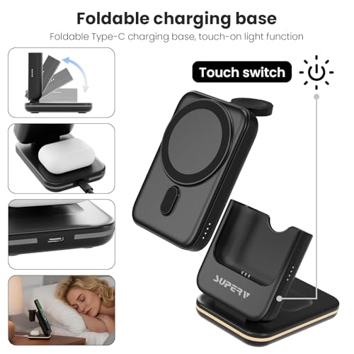 SUPERV 4 in 1 Wireless Charging Station: 5000mAh Removable Power Bank Foldable Charging Stand - Portable Magnetic Battery Pack for iPhone 17/16/15/14/13/12 Series and Apple Watch/AirPods (Black) - color: 4-in-1 Black