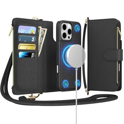 for iPhone 16 Pro Max 2-in-1 Magnetic Crossbody Wallet Case + Wrist Strap | Wireless Charging After Wallet Removal, Detachable Crossbody/Wrist Straps, Landscape Stand, Card Holder and Zipper Pocket - color: Black, size: iPhone 16 Pro Max