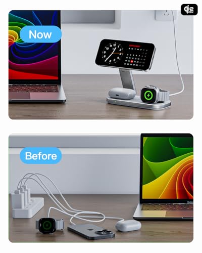 3-in-1 Charging Station for Apple Device, Qi2 25W Certified Magnetic Wireless Fast Charger Stand Compatible with MagSafe for iPhone 18/17/16/15/14/13/12/Air/Duo Series, Apple Watch & AirPods - color: White+Silver