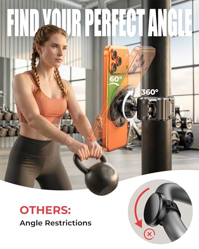 Magnetic Gym Stroller Phone Holder with Clamp, 16 x N55 Strong Magnet Phone Mount, 360° Rotating & 60° Tilt for Treadmill/Exercise Bike/Golf Cart/Shopping Cart, Fit for iPhone 12-17