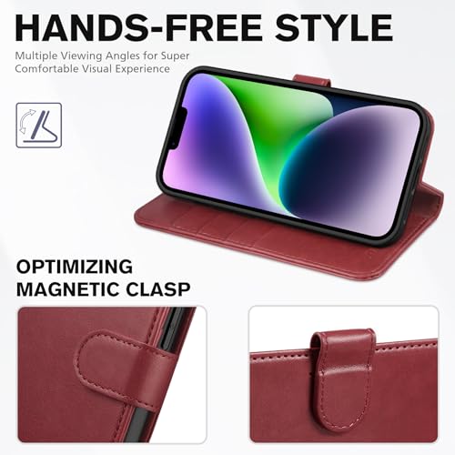 TUCCH Case Wallet for iPhone 14 (6.1") 2022, RFID Blocking Folio, Dark Red | 4 Card Holders, Kickstand, PU Leather, Magnetic Closure, Shockproof TPU Shell, Protective Flip Cover - color: Dark Red