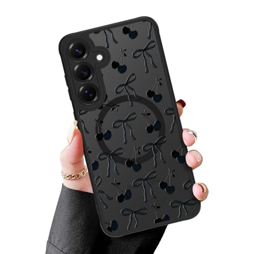 MZELQ Magnetic Case for Samsung Galaxy S25 Plus, Clear Bow Cherry | [Compatible with Magsafe Charging] Translucent Matte Hard Shockproof Camera Protection Cover for Women Men, Frosted Black - color: Black (Cherry Bow), size: Samsung Galaxy S25 Plus