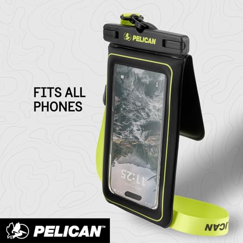 Pelican Marine Waterproof Phone Pouch w/Storage Pocket -Black/Hi-Vis Yellow | Large Touchscreen IP68 Floating Waterproof Phone Case w/Detachable Lanyard - Fits All Phones - Beach Cruise Travel Essentials - color: Black/Neon - 1 Pack - Large w/ Storage Poc