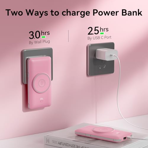 Magnetic 10000mAh Portable Charger for iWatch & iPhone, PD Fast Charging Wireless Power Bank Built-in Cables and Wall Plug, External Travel Battery Pack Compatible with iOS Android Phones - color: Sakura Pink