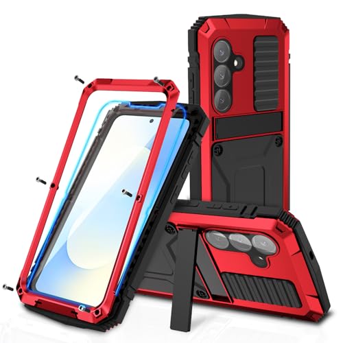 Simicoo for Samsung Galaxy S25 FE Metal Military Heavy Duty Case, Metallic Bumper Shockproof Dustproof Rugged Tough with Stand Screen Protector Camera Control Full Body Drop Protective Cover (Red) - color: Red