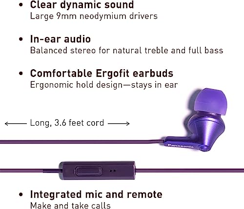 Panasonic ErgoFit Wired Earbuds with Microphone, 3.5mm Jack Headphones with Mic and Call Controller, Ergonomic Custom-Fit Earpieces (S/M/L), for Phones and Laptops - RP-TCM125-VA (Metallic Purple) - color: Metallic Purple, size: S/M/L, style: With Mic