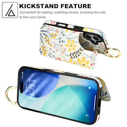 HAOPINSH Wallet Case for iPhone 17 with Card Holder, Floral Flower Print Back Flip Folio PU Leather Kickstand Card Slots Case, Finger Grip Ring Double Magnetic Clasp Shockproof 6.3" - color: Floral Flower Grip Ring